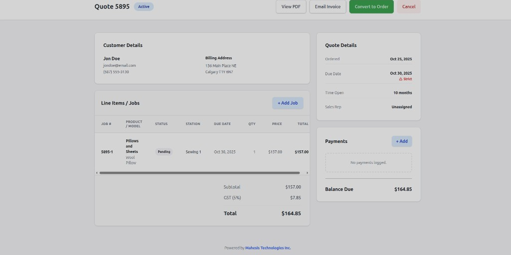 QView quote with jobs, stations, and totals